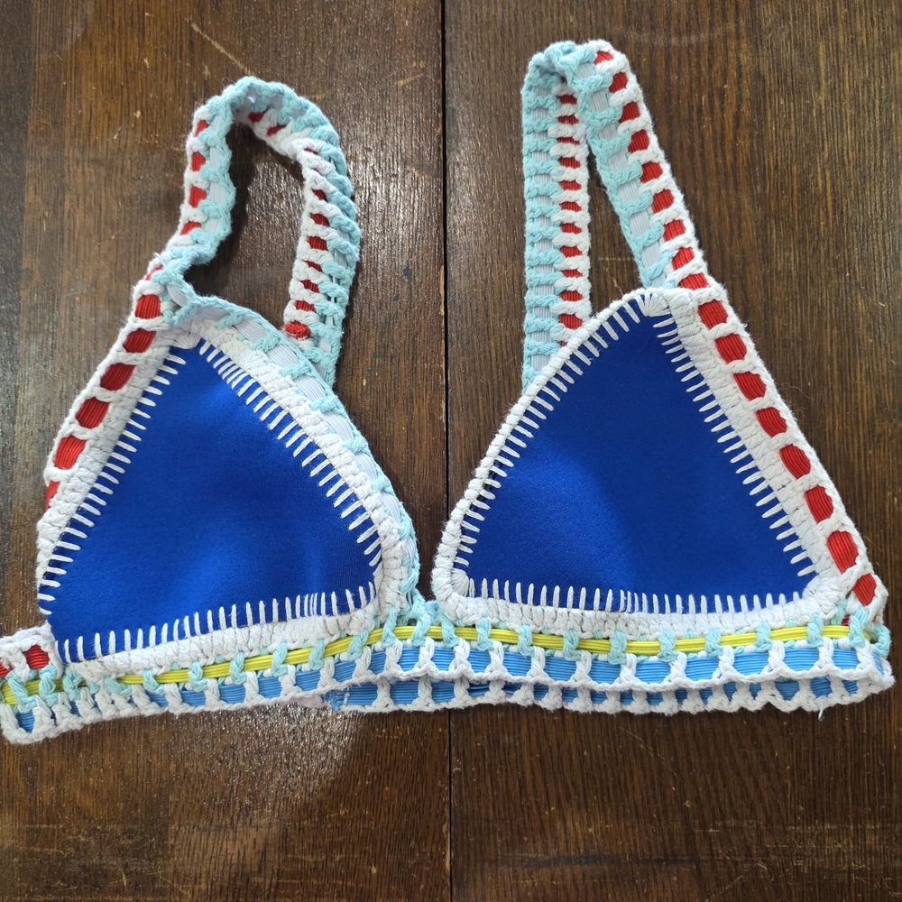 Bikini top blue neoprene cups colorful handcrafted crochet trim See Measurements